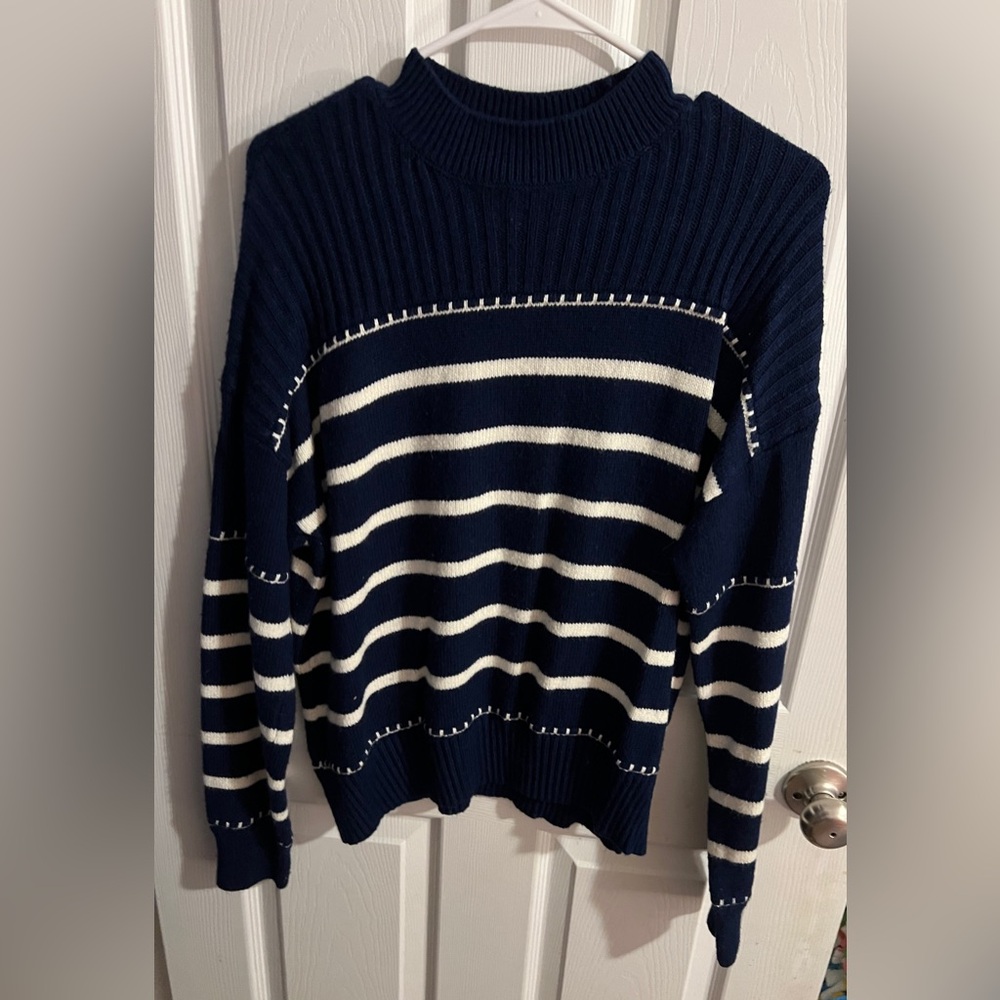 Navy & White Striped Cowl Neck Sweater